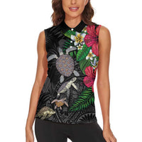 Hawaiian Tropical Plants and Turtles Women Sleeveless Polo Shirt Polynesian Art Motifs