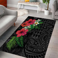 Hawaiian Tropical Plants Area Rug Kakau Tattoo and Polynesian Pattern Half Black Color