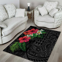 Hawaiian Tropical Plants Area Rug Kakau Tattoo and Polynesian Pattern Half Black Color