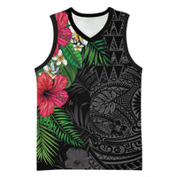 Hawaiian Tropical Plants Basketball Jersey Kakau Tattoo and Polynesian Pattern Half Black Color