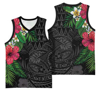 Hawaiian Tropical Plants Basketball Jersey Kakau Tattoo and Polynesian Pattern Half Black Color