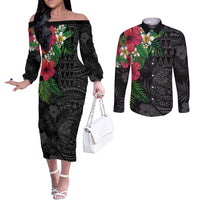 Hawaiian Tropical Plants Couples Matching Off The Shoulder Long Sleeve Dress and Long Sleeve Button Shirt Kakau Tattoo and Polynesian Pattern Half Black Color