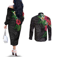 Hawaiian Tropical Plants Couples Matching Off The Shoulder Long Sleeve Dress and Long Sleeve Button Shirt Kakau Tattoo and Polynesian Pattern Half Black Color