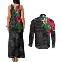 Hawaiian Tropical Plants Couples Matching Tank Maxi Dress and Long Sleeve Button Shirt Kakau Tattoo and Polynesian Pattern Half Black Color