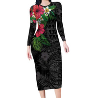 Hawaiian Tropical Plants Family Matching Long Sleeve Bodycon Dress and Hawaiian Shirt Kakau Tattoo and Polynesian Pattern Half Black Color LT03 Mom's Dress Black - Polynesian Pride