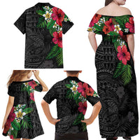 Hawaiian Tropical Plants Family Matching Off Shoulder Maxi Dress and Hawaiian Shirt Kakau Tattoo and Polynesian Pattern Half Black Color LT03 - Polynesian Pride