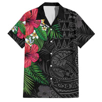 Hawaiian Tropical Plants Family Matching Off Shoulder Maxi Dress and Hawaiian Shirt Kakau Tattoo and Polynesian Pattern Half Black Color LT03 Dad's Shirt - Short Sleeve Black - Polynesian Pride