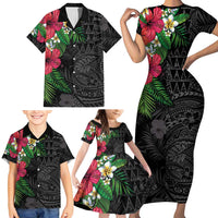 Hawaiian Tropical Plants Family Matching Short Sleeve Bodycon Dress and Hawaiian Shirt Kakau Tattoo and Polynesian Pattern Half Black Color LT03 - Polynesian Pride