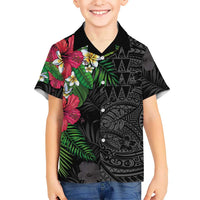 Hawaiian Tropical Plants Family Matching Summer Maxi Dress and Hawaiian Shirt Kakau Tattoo and Polynesian Pattern Half Black Color LT03 Son's Shirt Black - Polynesian Pride