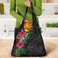 Hawaiian Tropical Plants Grocery Bag Kakau Tattoo and Polynesian Pattern Half Black Color