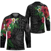 Hawaiian Tropical Plants Hockey Jersey Kakau Tattoo and Polynesian Pattern Half Black Color