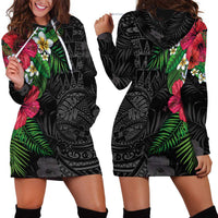 Hawaiian Tropical Plants Hoodie Dress Kakau Tattoo and Polynesian Pattern Half Black Color