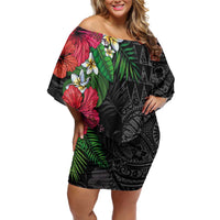 Hawaiian Tropical Plants Off Shoulder Short Dress Kakau Tattoo and Polynesian Pattern Half Black Color