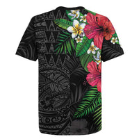 Hawaiian Tropical Plants Rugby Jersey Kakau Tattoo and Polynesian Pattern Half Black Color