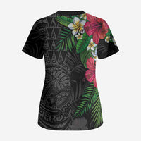 Hawaiian Tropical Plants Scrub Top Kakau Tattoo and Polynesian Pattern Half Black Color