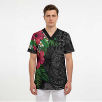 Hawaiian Tropical Plants Scrub Top Kakau Tattoo and Polynesian Pattern Half Black Color