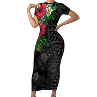 Hawaiian Tropical Plants Short Sleeve Bodycon Dress Kakau Tattoo and Polynesian Pattern Half Black Color