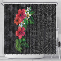 Hawaiian Tropical Plants Shower Curtain Kakau Tattoo and Polynesian Pattern Half Black Color