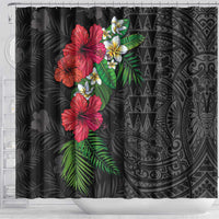 Hawaiian Tropical Plants Shower Curtain Kakau Tattoo and Polynesian Pattern Half Black Color