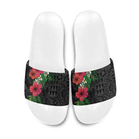 Hawaiian Tropical Plants Slide Sandals Kakau Tattoo and Polynesian Pattern Half Black Color