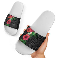 Hawaiian Tropical Plants Slide Sandals Kakau Tattoo and Polynesian Pattern Half Black Color