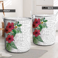 Hawaiian Tropical Plants Laundry Basket Kakau Tattoo and Polynesian Pattern Half White Color