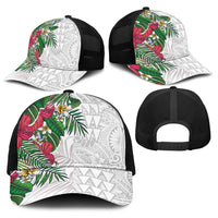 Hawaiian Tropical Plants Baseball Net Cap Kakau Tattoo and Polynesian Pattern Half Black White