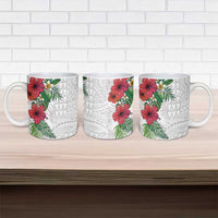 Hawaiian Tropical Plants Ceramic Mug Kakau Tattoo and Polynesian Pattern Half White Color