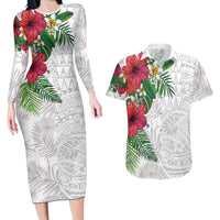 Hawaiian Tropical Plants Couples Matching Long Sleeve Bodycon Dress and Hawaiian Shirt Kakau Tattoo and Polynesian Pattern Half White Color