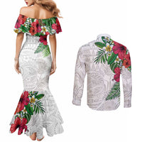 Hawaiian Tropical Plants Couples Matching Mermaid Dress and Long Sleeve Button Shirt Kakau Tattoo and Polynesian Pattern Half White Color