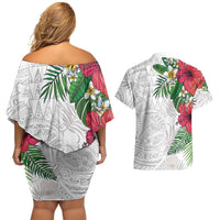 Hawaiian Tropical Plants Couples Matching Off Shoulder Short Dress and Hawaiian Shirt Kakau Tattoo and Polynesian Pattern Half White Color