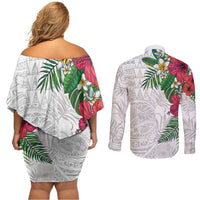 Hawaiian Tropical Plants Couples Matching Off Shoulder Short Dress and Long Sleeve Button Shirt Kakau Tattoo and Polynesian Pattern Half White Color