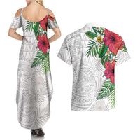 Hawaiian Tropical Plants Couples Matching Summer Maxi Dress and Hawaiian Shirt Kakau Tattoo and Polynesian Pattern Half White Color
