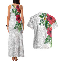 Hawaiian Tropical Plants Couples Matching Tank Maxi Dress and Hawaiian Shirt Kakau Tattoo and Polynesian Pattern Half White Color