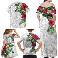 Hawaiian Tropical Plants Family Matching Off Shoulder Maxi Dress and Hawaiian Shirt Kakau Tattoo and Polynesian Pattern Half White Color LT03 - Polynesian Pride