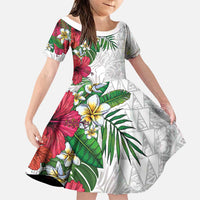 Hawaiian Tropical Plants Family Matching Off Shoulder Short Dress and Hawaiian Shirt Kakau Tattoo and Polynesian Pattern Half White Color LT03 Daughter's Dress White - Polynesian Pride