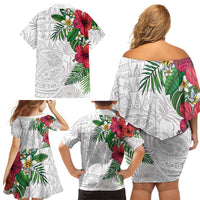 Hawaiian Tropical Plants Family Matching Off Shoulder Short Dress and Hawaiian Shirt Kakau Tattoo and Polynesian Pattern Half White Color LT03 - Polynesian Pride