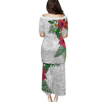 Hawaiian Tropical Plants Family Matching Puletasi and Hawaiian Shirt Kakau Tattoo and Polynesian Pattern Half White Color