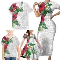 Hawaiian Tropical Plants Family Matching Short Sleeve Bodycon Dress and Hawaiian Shirt Kakau Tattoo and Polynesian Pattern Half White Color LT03 - Polynesian Pride