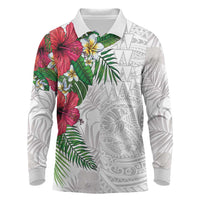 Hawaiian Tropical Plants Long Sleeve Polo Shirt Kakau Tattoo and Polynesian Pattern Half White Color