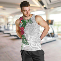 Hawaiian Tropical Plants Men Tank Top Kakau Tattoo and Polynesian Pattern Half White Color