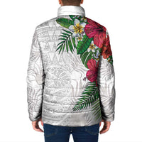 Hawaiian Tropical Plants Padded Jacket Kakau Tattoo and Polynesian Pattern Half White Color