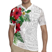Hawaiian Tropical Plants Rugby Jersey Kakau Tattoo and Polynesian Pattern Half White Color