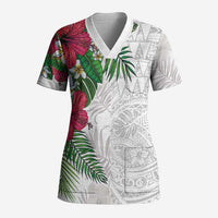 Hawaiian Tropical Plants Scrub Top Kakau Tattoo and Polynesian Pattern Half White Color