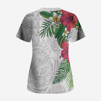 Hawaiian Tropical Plants Scrub Top Kakau Tattoo and Polynesian Pattern Half White Color