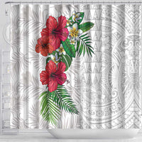 Hawaiian Tropical Plants Shower Curtain Kakau Tattoo and Polynesian Pattern Half White Color