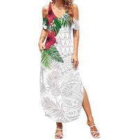 Hawaiian Tropical Plants Summer Maxi Dress Kakau Tattoo and Polynesian Pattern Half White Color