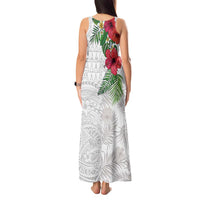 Hawaiian Tropical Plants Tank Maxi Dress Kakau Tattoo and Polynesian Pattern Half White Color