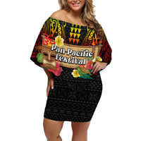Hawaiian Elements and Polynesian Tattoo Family Matching Off Shoulder Short Dress and Hawaiian Shirt LT03 Mom's Dress Black - Polynesian Pride