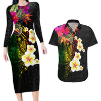Hawaii Plumeria Couples Matching Long Sleeve Bodycon Dress and Hawaiian Shirt Polynesian Tattoo and Hibiscus LT03 Black - Polynesian Pride